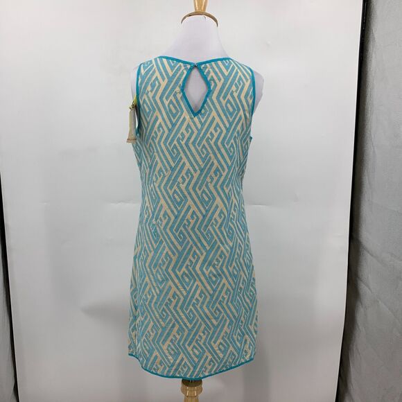Chelsea & Violet Dress Womens Small Beige Blue Shift Textured Keyhole Ikat Lined - Picture 5 of 15